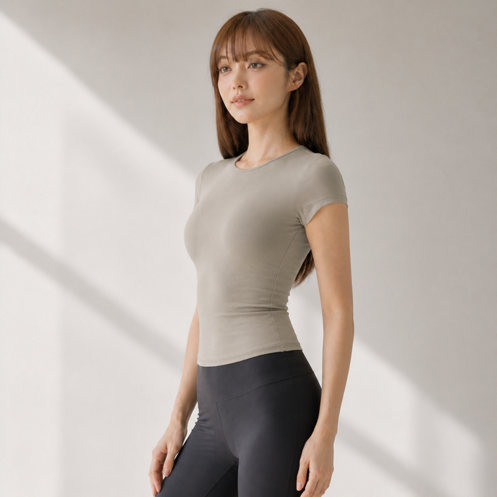 Velvet model | Contour Short-Sleeve Yoga Tee | Khaki | contour-short-sleeve-yoga-tee-khaki-side-v4-1x1.png