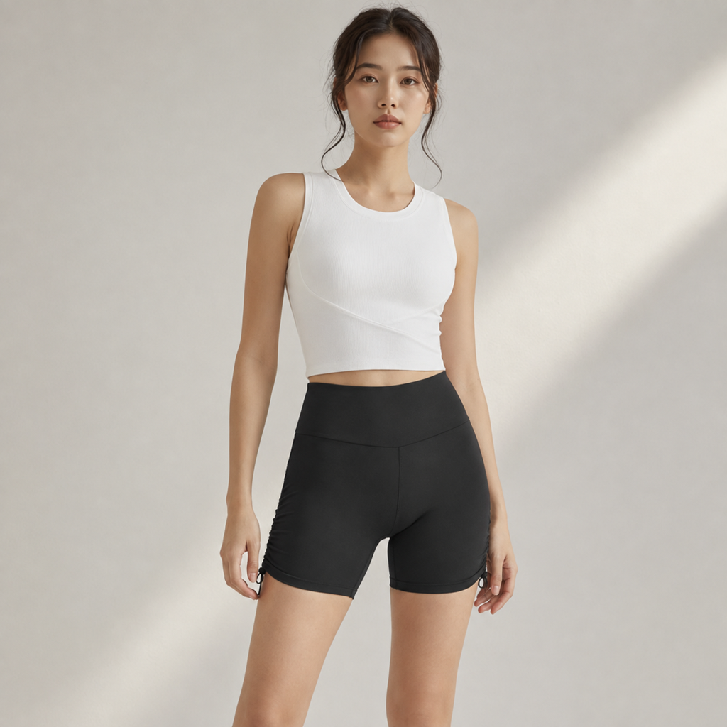 Velvet model | Drawstring High-Rise Yoga Shorts | Black | drawstring-high-rise-yoga-shorts-black-front-v5-1x1.png