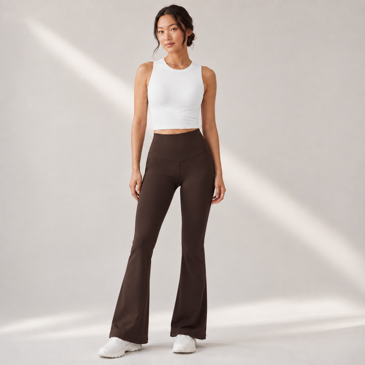 Velvet model | High-Rise Flared Yoga Pants | Brown | high-rise-flared-yoga-pants-brown-front-v5-1x1.png