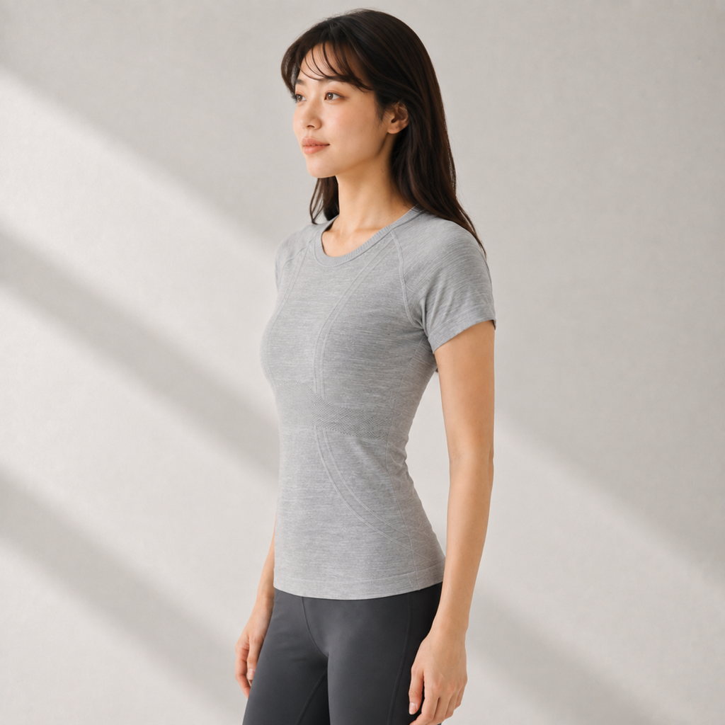 Velvet model | Seamless Sculpt Yoga Tee | Grey | seamless-sculpt-yoga-tee-grey-side-v4-1x1.png