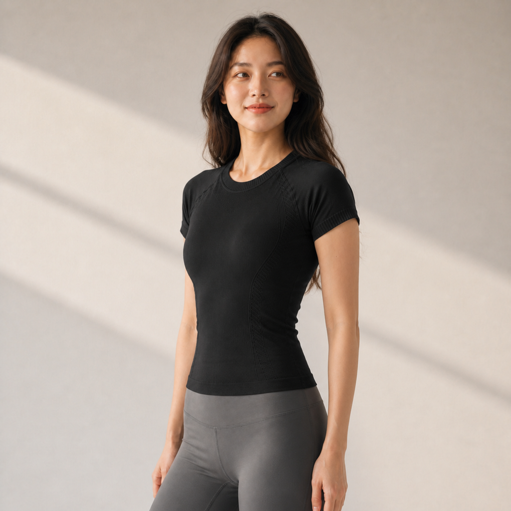 Velvet model | Seamless Short-Sleeve Yoga Tee | Black | seamless-short-sleeve-yoga-tee-black-side-v4-1x1.png