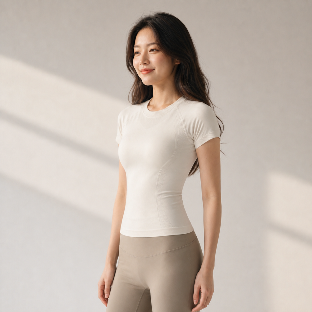 Velvet model | Seamless Short-Sleeve Yoga Tee | White | seamless-short-sleeve-yoga-tee-white-side-v4-1x1.png